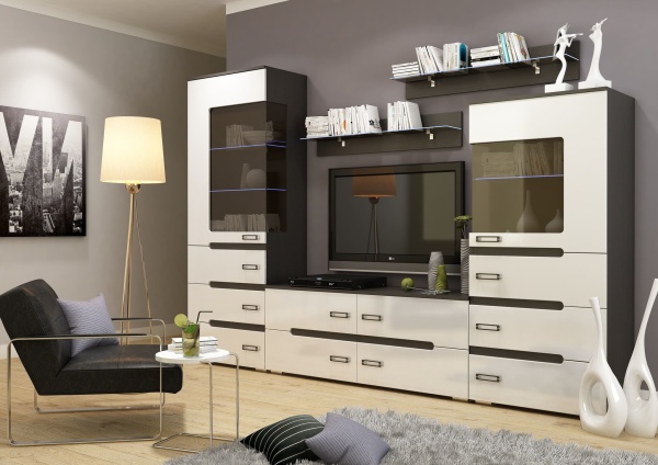 Гостиная Верби Венге/МДФ Белый Глянец (Ш-2768 х В-1900 х Г-420 мм)